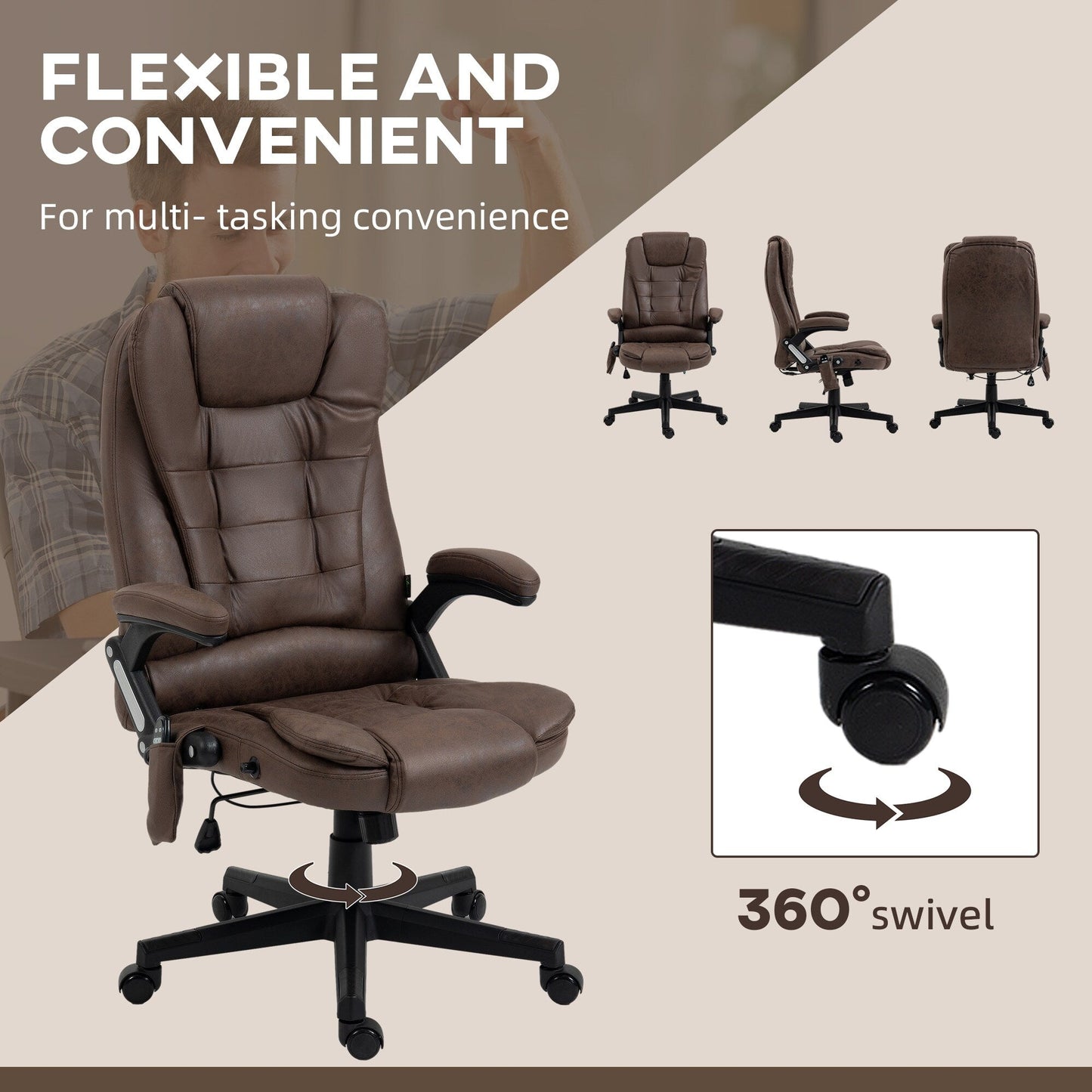 Fauteuil de bureau à massage vibrant à 6 points, fauteuil de bureau exécutif en microfibre à dossier haut avec chauffage, accoudoirs rembourrés et télécommande