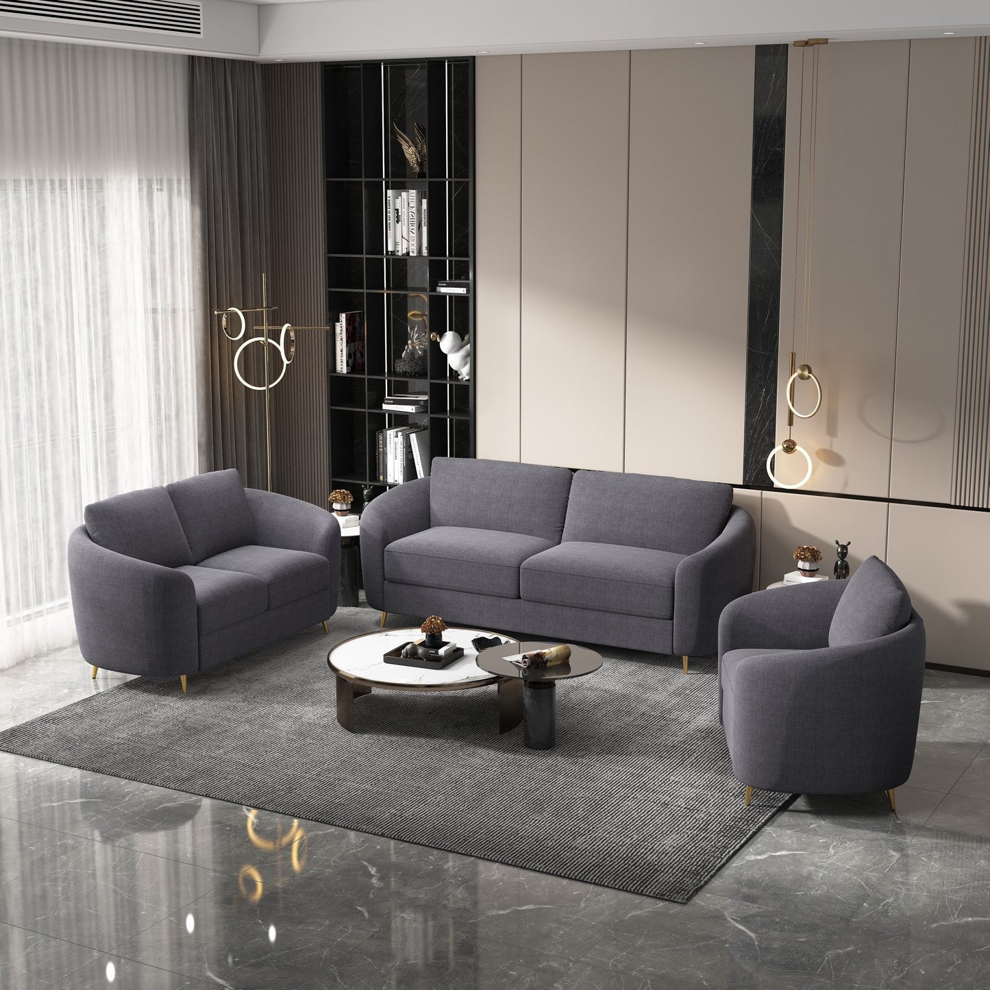 Canapé causeuse en lin de 60 pouces avec pieds en métal doré et coussins d'assise moelleux pour le salon