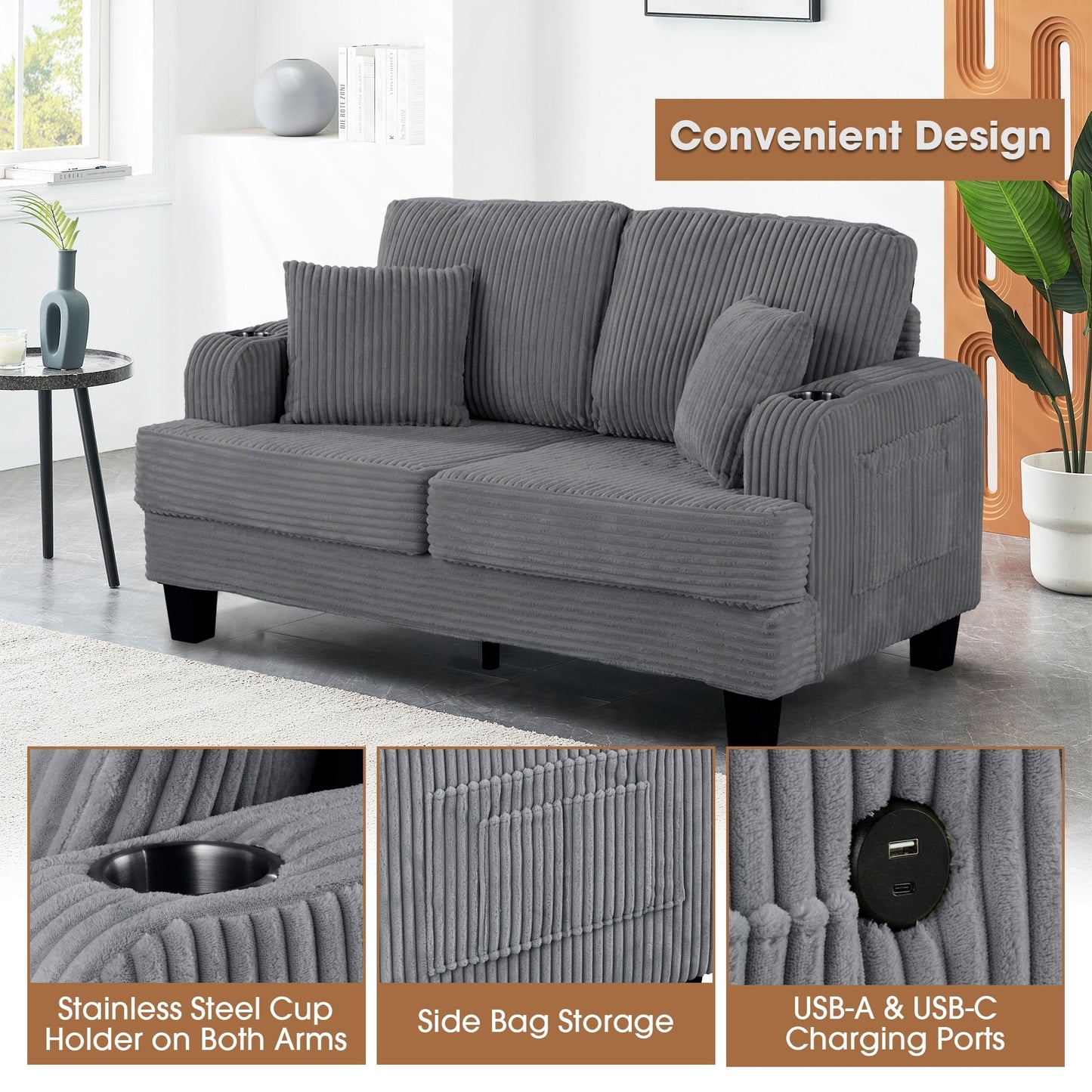 Canapé causeuse contemporain en velours côtelé avec 2 coussins et porte-gobelet