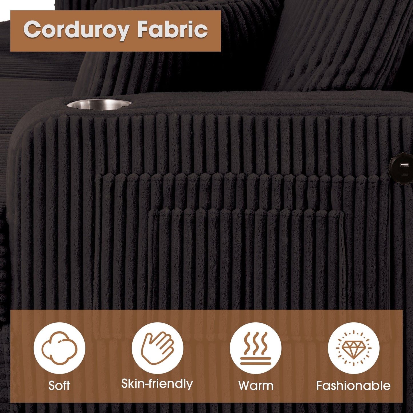 Canapé causeuse contemporain en velours côtelé avec 2 coussins et porte-gobelet