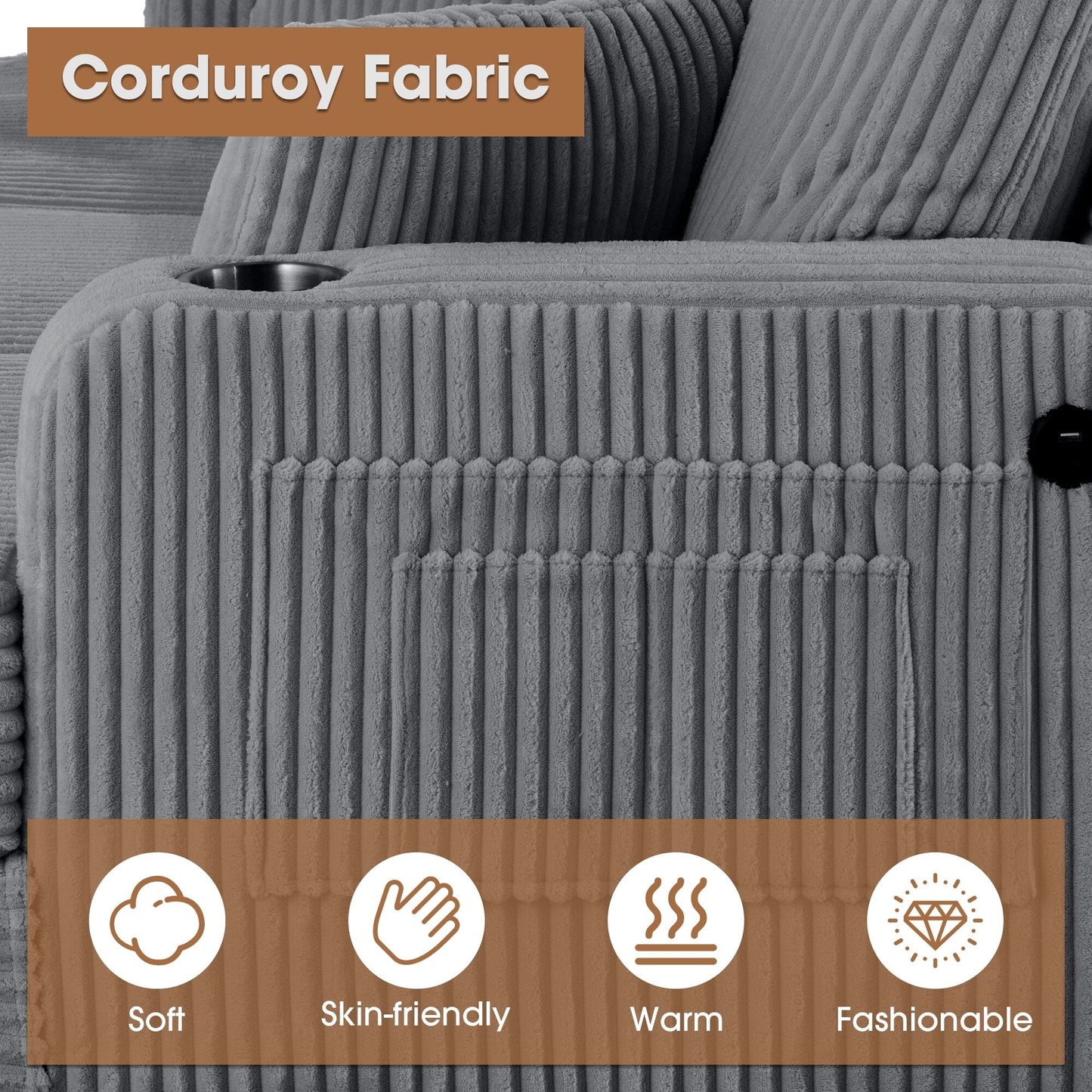 Canapé causeuse contemporain en velours côtelé avec 2 coussins et porte-gobelet