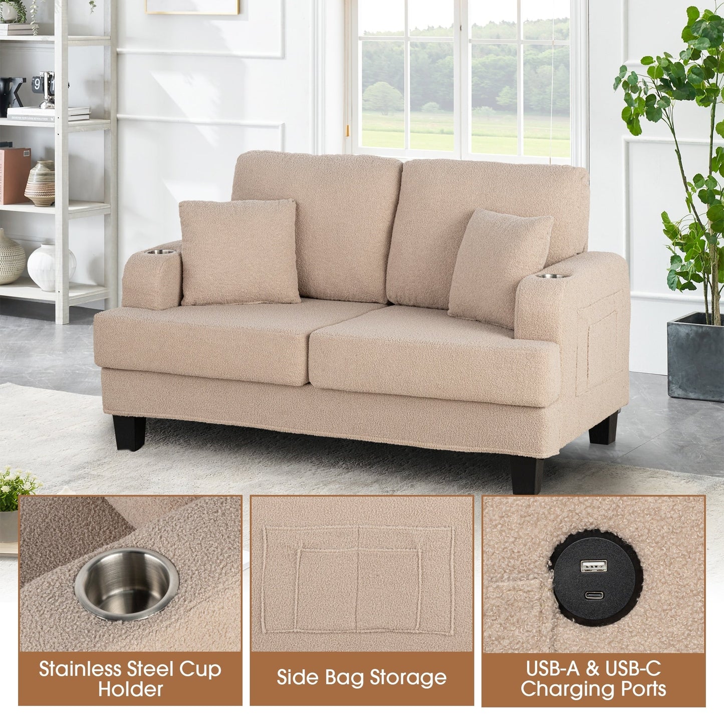 Petit canapé causeuse beige de 61 pouces avec 2 coussins et porte-gobelet