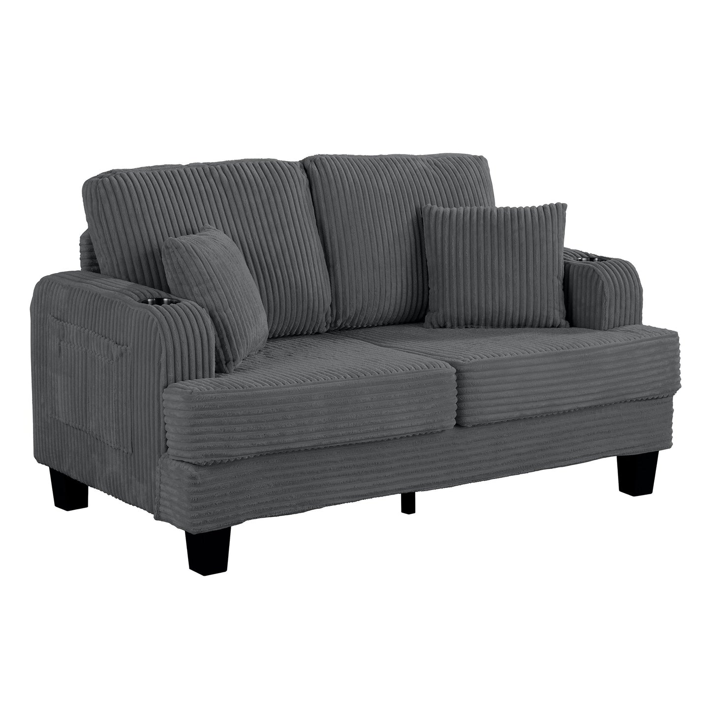 Canapé causeuse contemporain en velours côtelé avec 2 coussins et porte-gobelet