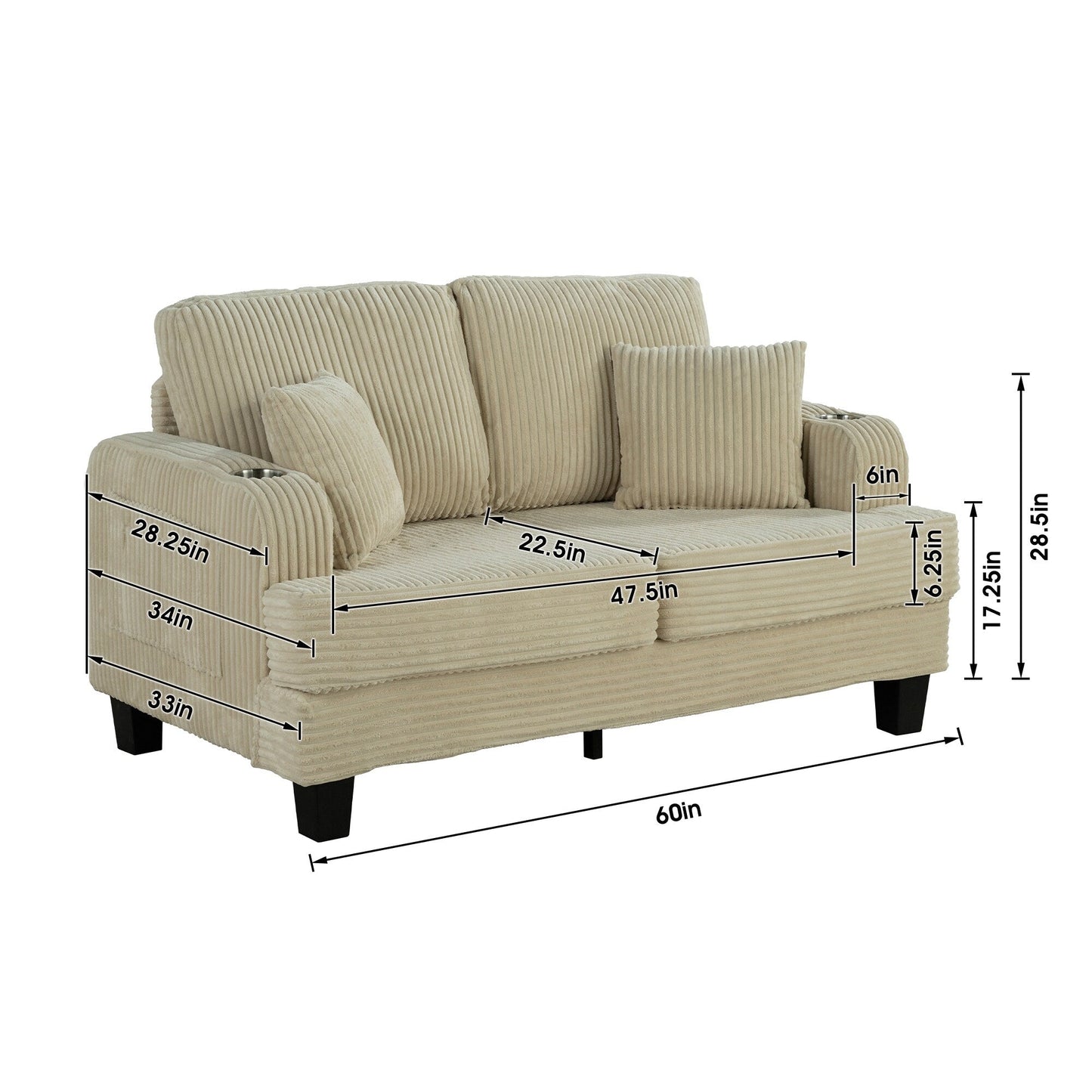 Canapé causeuse contemporain en velours côtelé avec 2 coussins et porte-gobelet