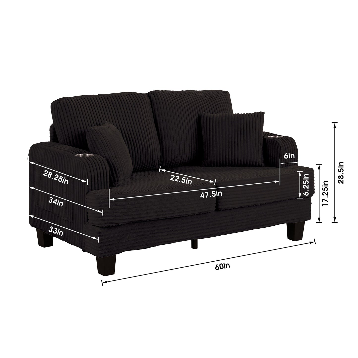 Canapé causeuse contemporain en velours côtelé avec 2 coussins et porte-gobelet