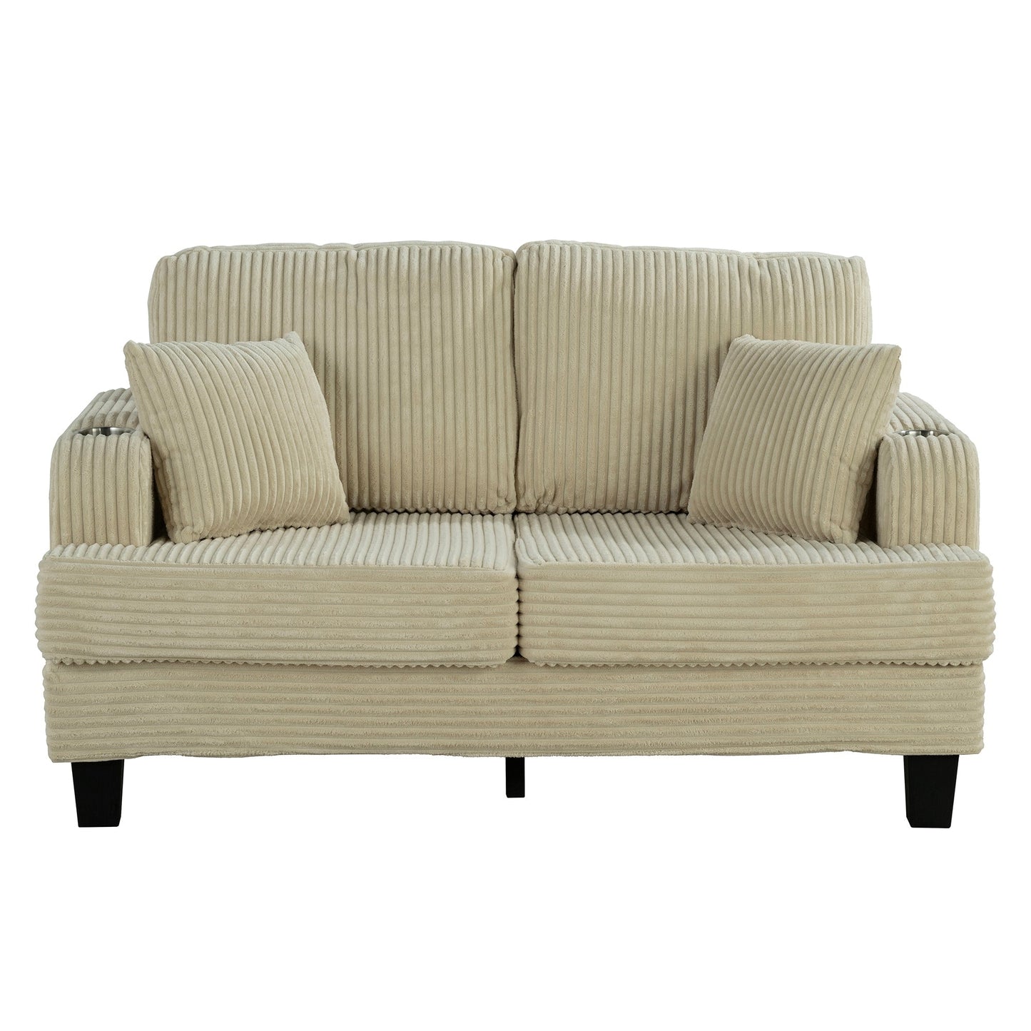 Canapé causeuse contemporain en velours côtelé avec 2 coussins et porte-gobelet