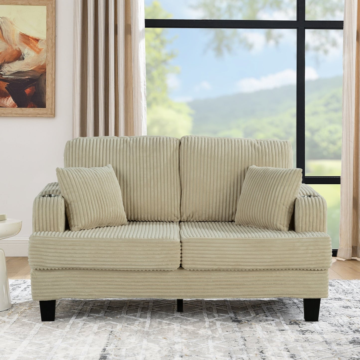 Canapé causeuse contemporain en velours côtelé avec 2 coussins et porte-gobelet