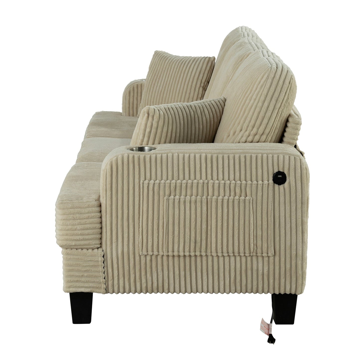 Canapé causeuse contemporain en velours côtelé avec 2 coussins et porte-gobelet