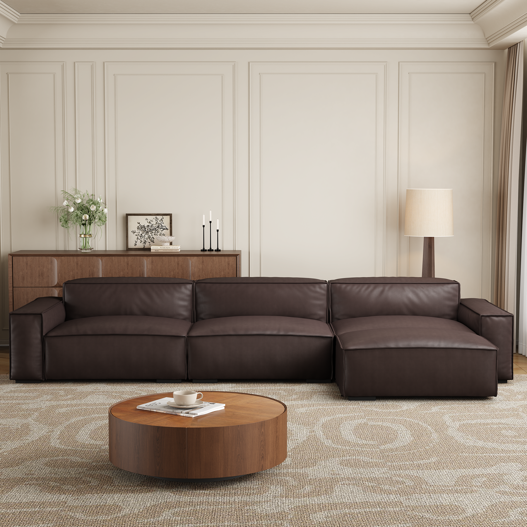 Canapé et pouf de luxe minimalistes en cuir marron foncé