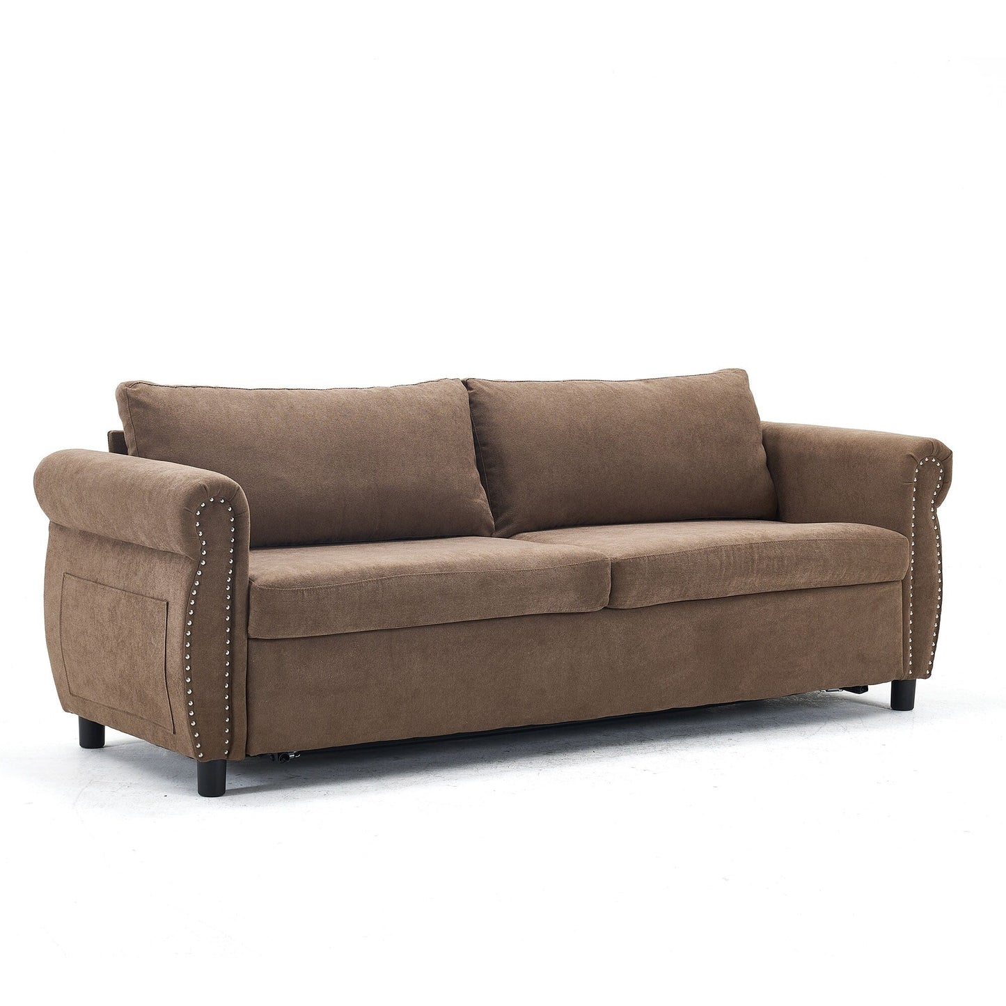 Canapé-lit 3 places en polyester 63 avec matelas gigogne et accoudoirs à rivets rétro