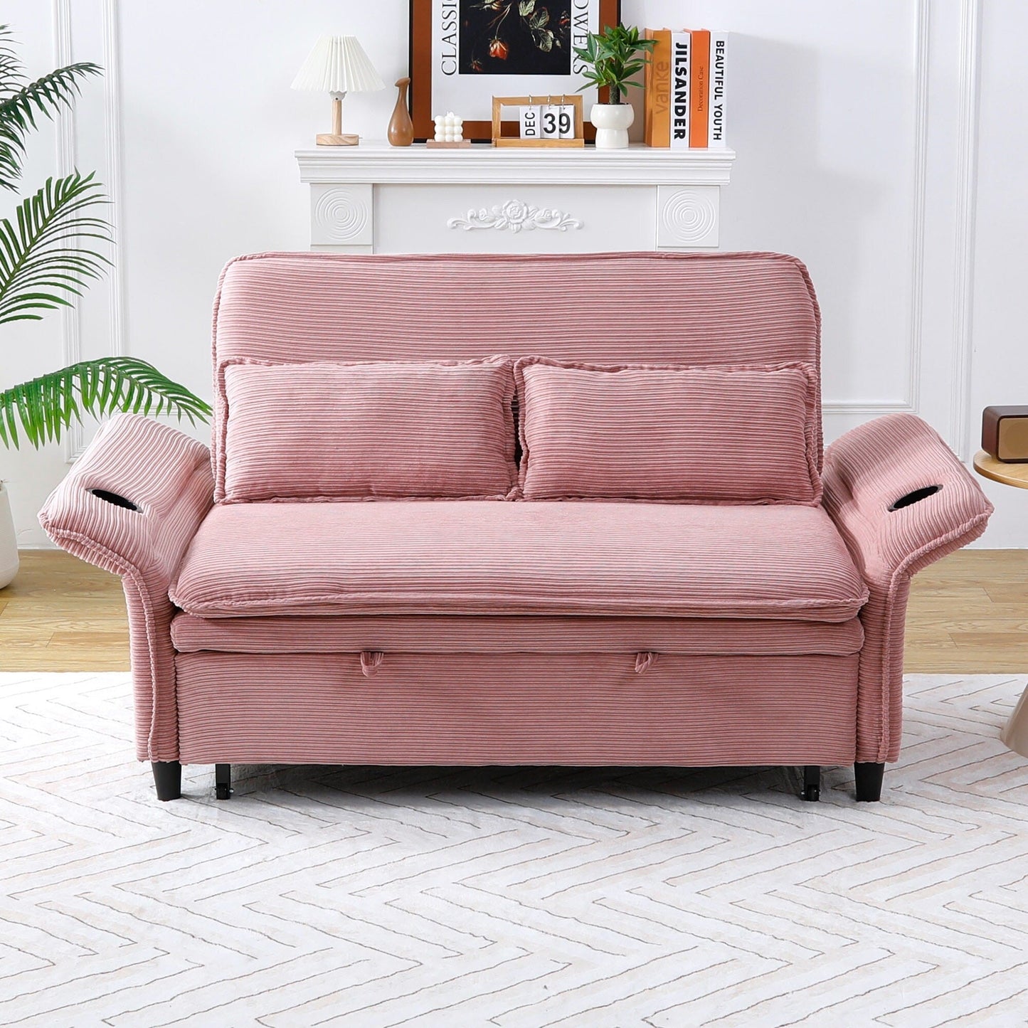 Canapé-lit multifonctionnel en tissu rayé rose de 65,74 pouces, accoudoirs et dossiers réglables