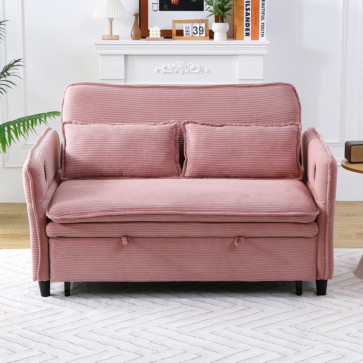 Canapé-lit multifonctionnel en tissu rayé rose de 65,74 pouces, accoudoirs et dossiers réglables