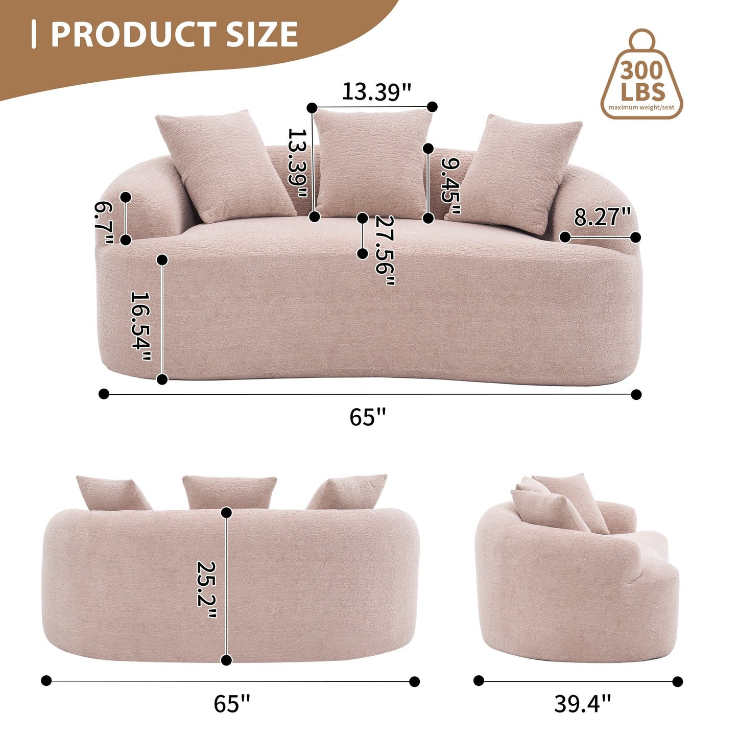 Canapé 2 places en chenille 65 avec assemblage facile, coussin mi-ferme et capacité de charge de 300 lb