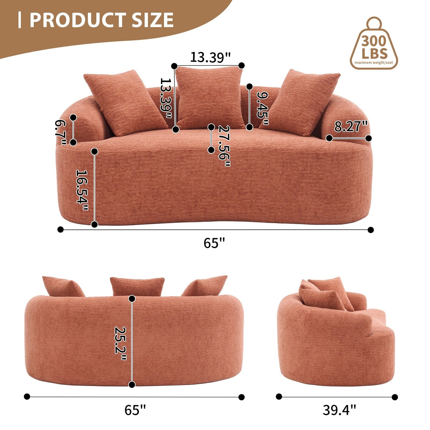 Canapé 2 places en chenille 65 avec assemblage facile, coussin mi-ferme et capacité de charge de 300 lb