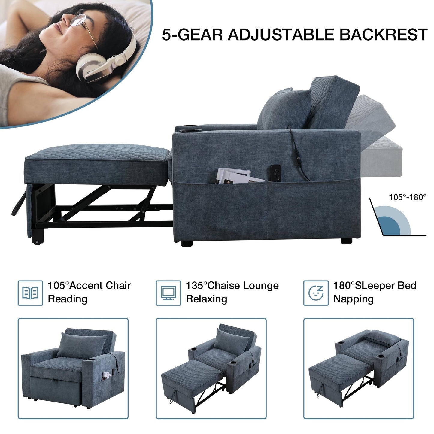 Canapé-lit 2 places en métal 66,93 $, avec coussin chauffant et massant, rangement dissimulé et porte-gobelets