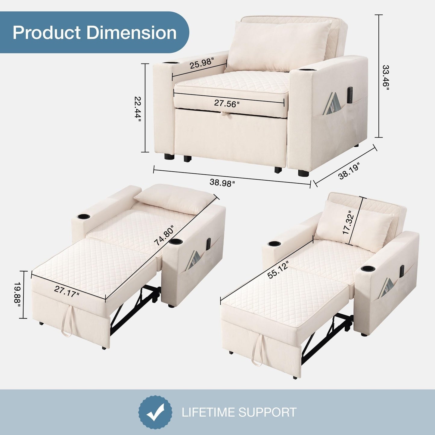Canapé-lit 2 places en métal 66,93 $, avec coussin chauffant et massant, rangement dissimulé et porte-gobelets