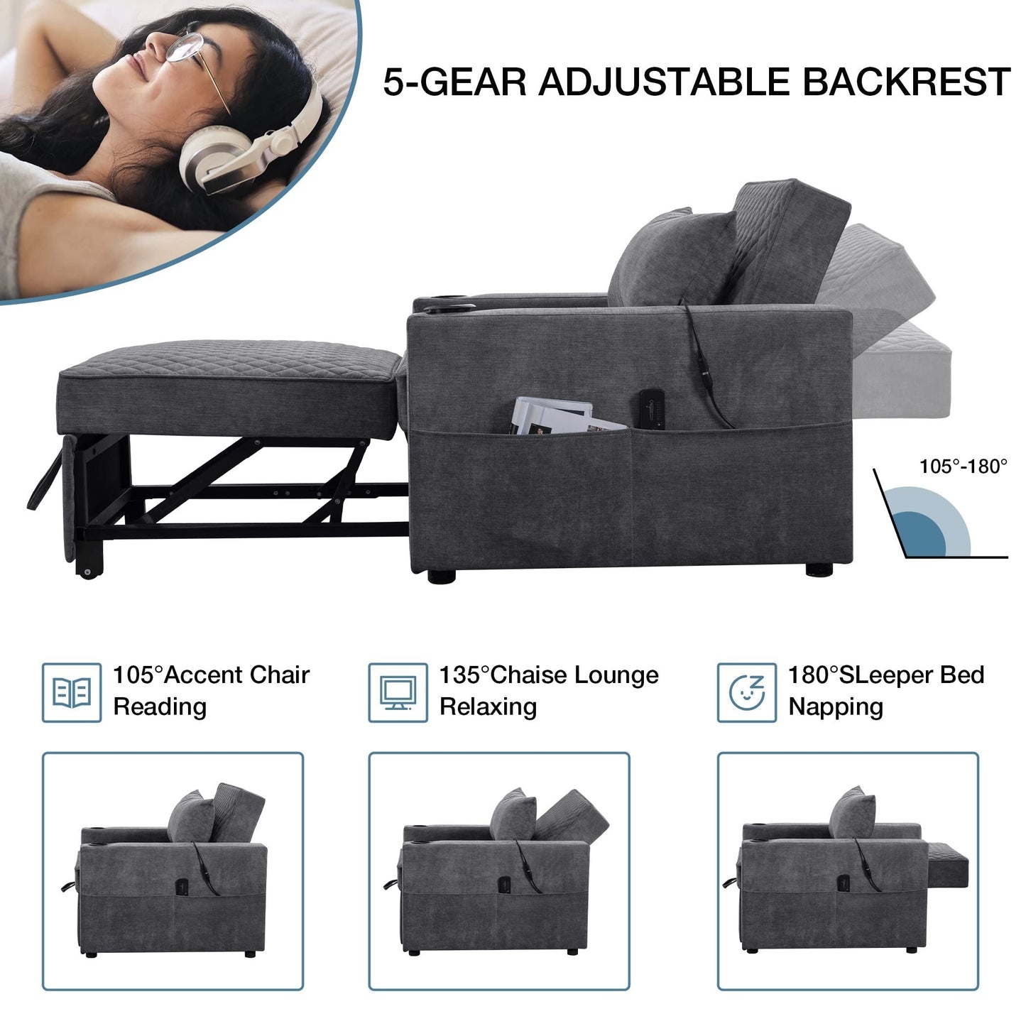 Canapé-lit 2 places en métal 66,93 $, avec coussin chauffant et massant, rangement dissimulé et porte-gobelets
