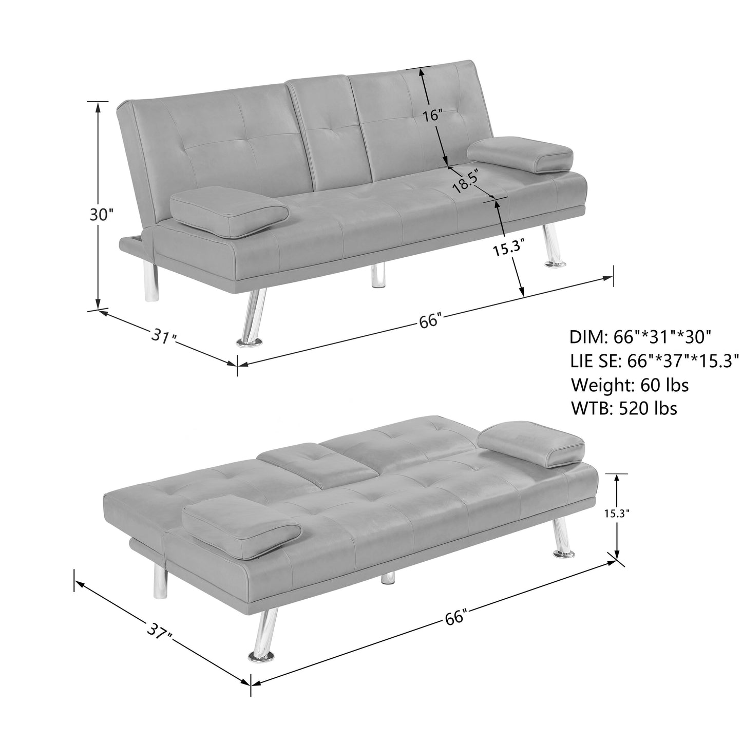 Canapé-lit pliant 66 places avec pieds en métal argenté et porte-gobelet pour salon