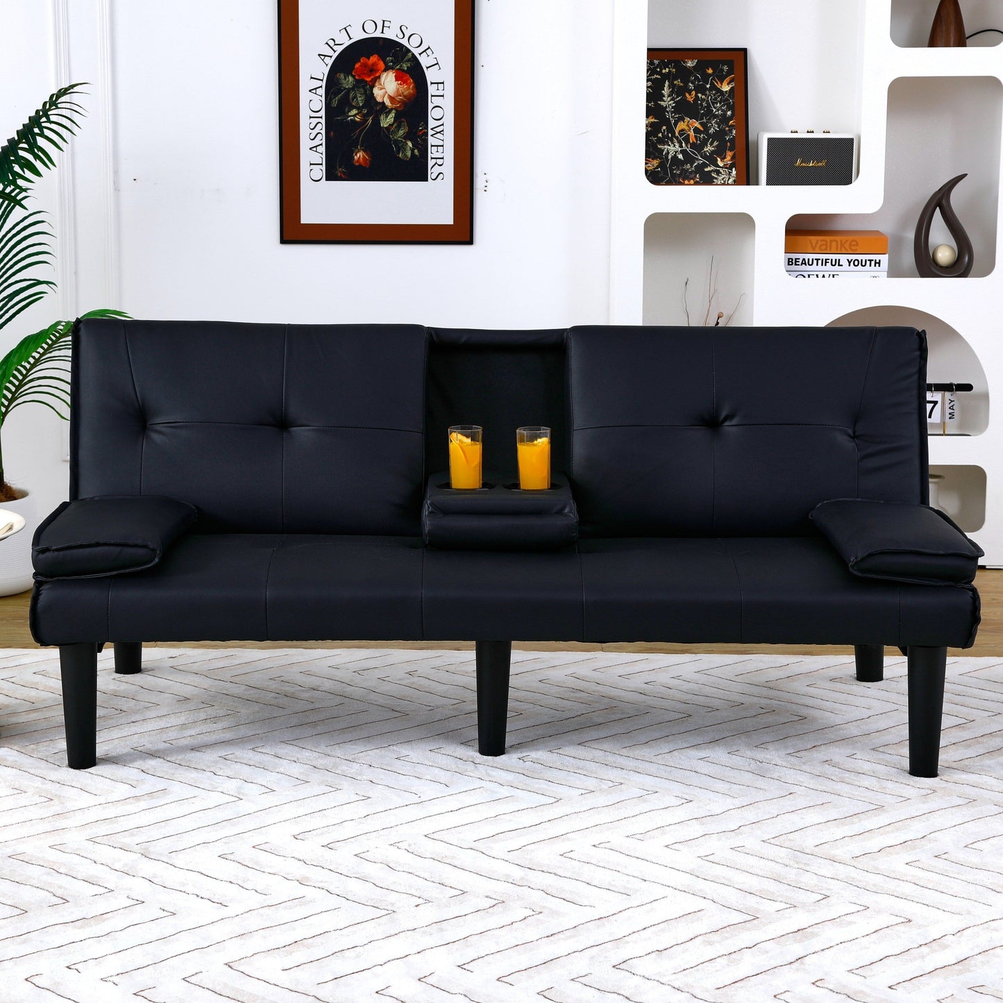 Canapé-lit pliable en PVC noir de 67 pouces avec porte-gobelet pour salon, chambre d'amis, dortoir, bureau