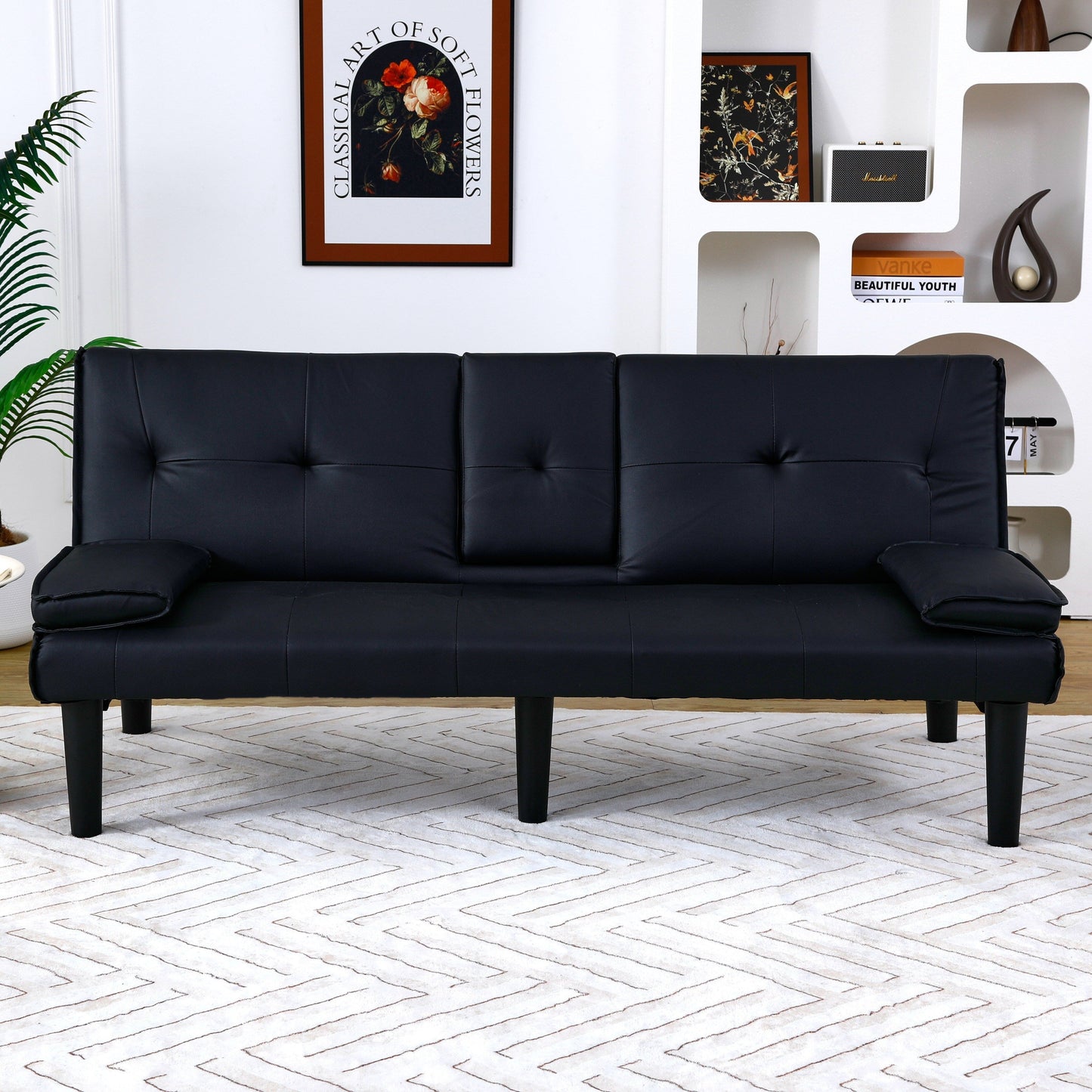 Canapé-lit pliable en PVC noir de 67 pouces avec porte-gobelet pour salon, chambre d'amis, dortoir, bureau