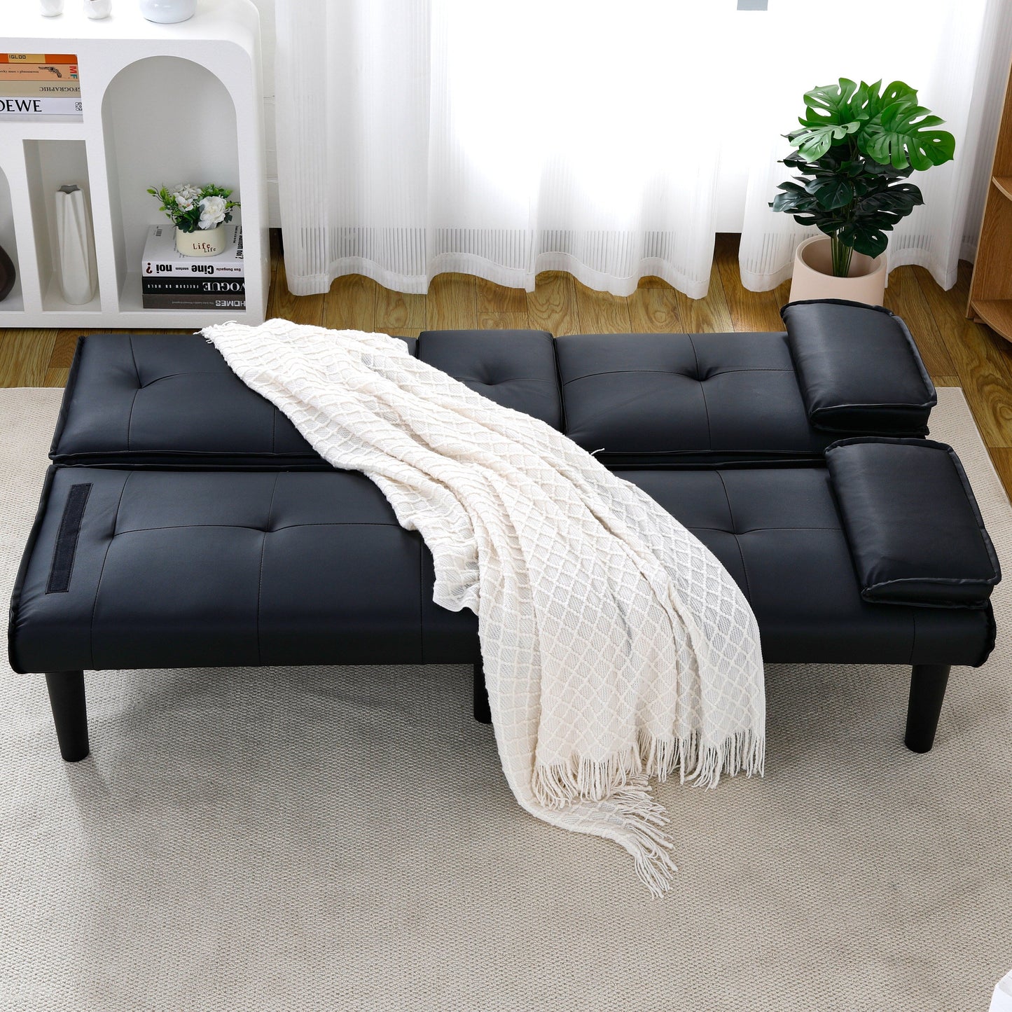 Canapé-lit pliable en PVC noir de 67 pouces avec porte-gobelet pour salon, chambre d'amis, dortoir, bureau