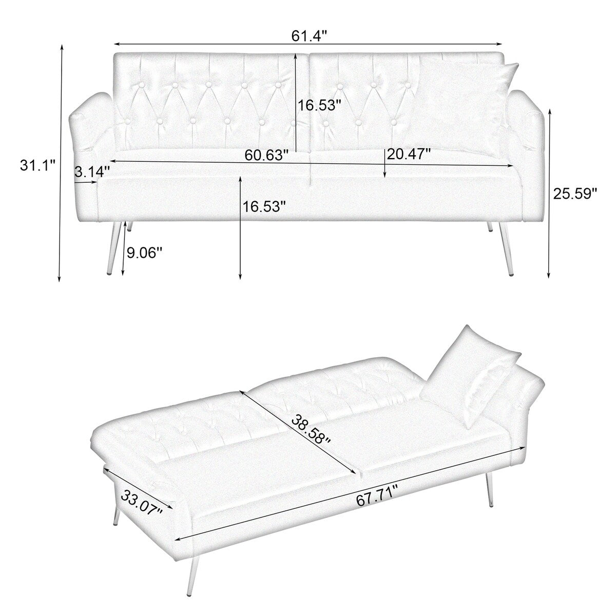 Canapé-lit en similicuir de 171 cm avec accoudoirs réglables - 171 cm de largeur x 84 cm de profondeur x 80 cm de hauteur