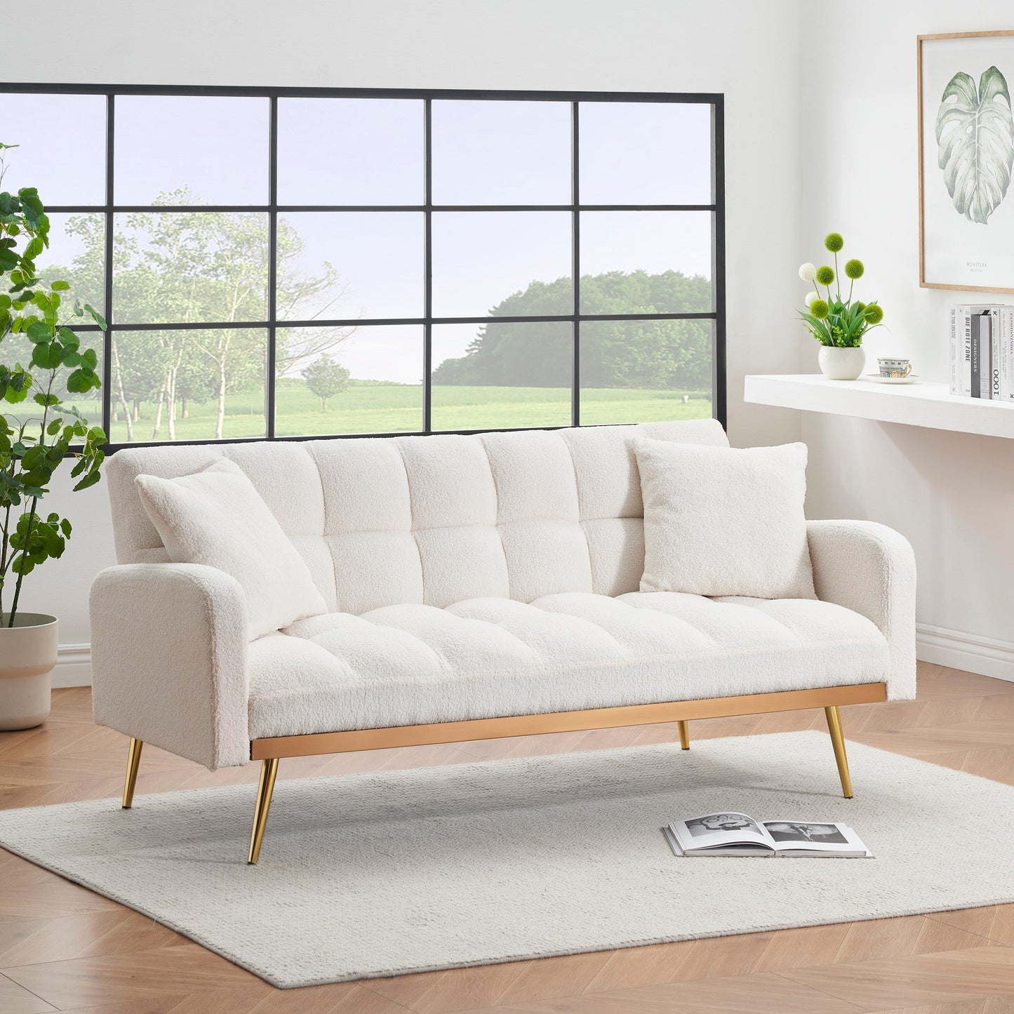 Canapé-lit beige de 175 cm avec canapé Teddy réglable pour petits espaces, salon et chambre à coucher