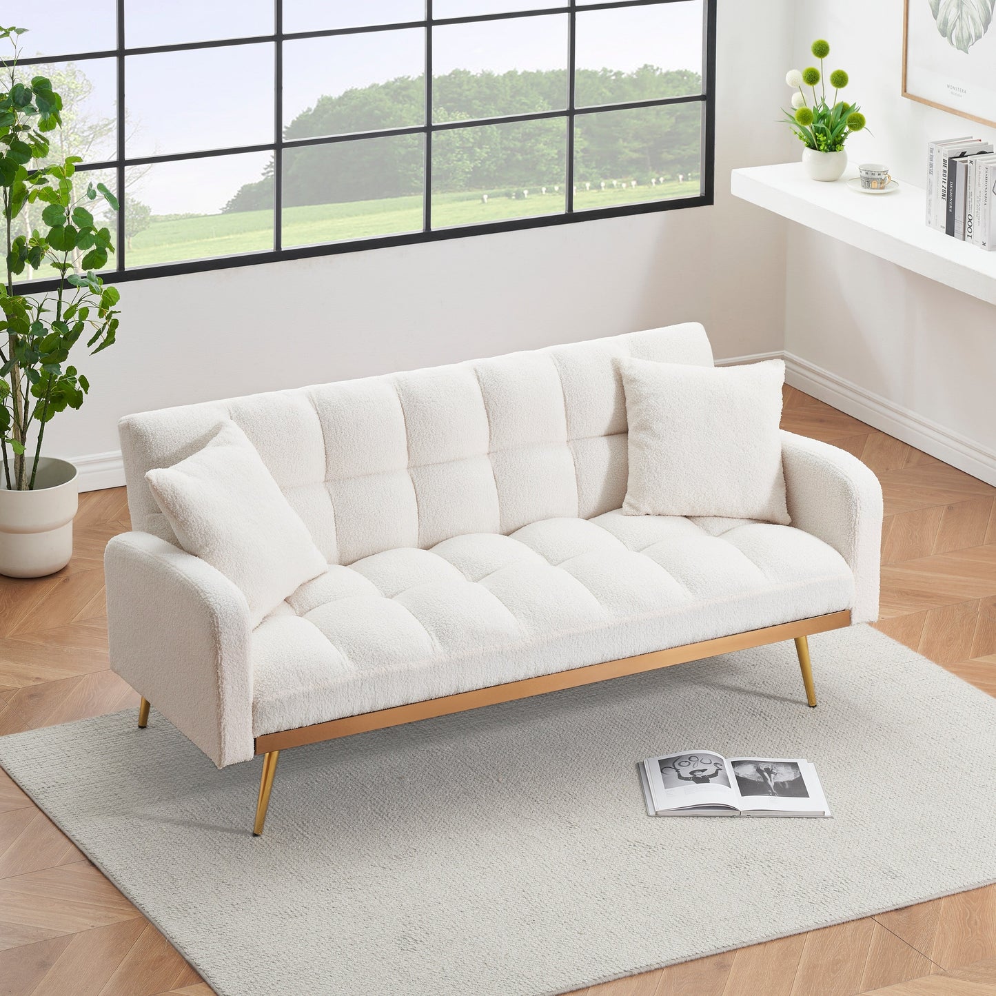 Canapé-lit beige de 175 cm avec canapé Teddy réglable pour petits espaces, salon et chambre à coucher