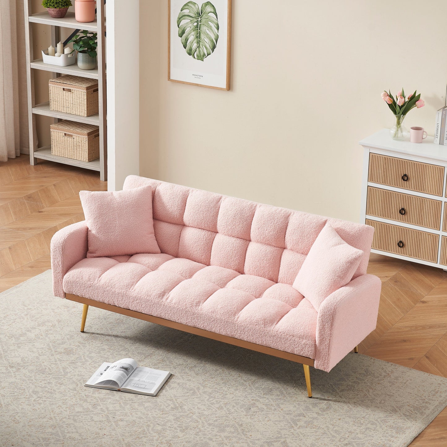 Canapé-lit rose de 175 cm avec canapé Teddy réglable pour petits espaces, salon et chambre à coucher