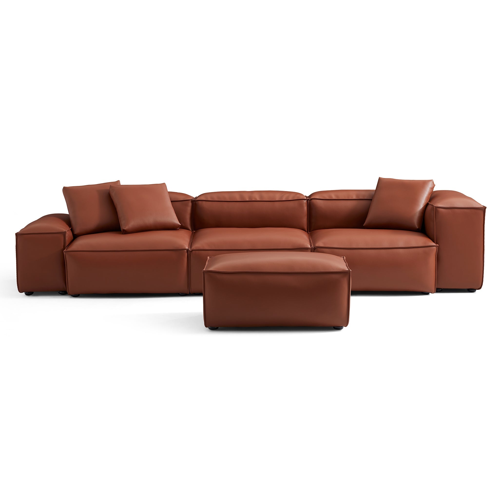 Cube Modular Brown Genuine Leather Sofa with Ottoman
