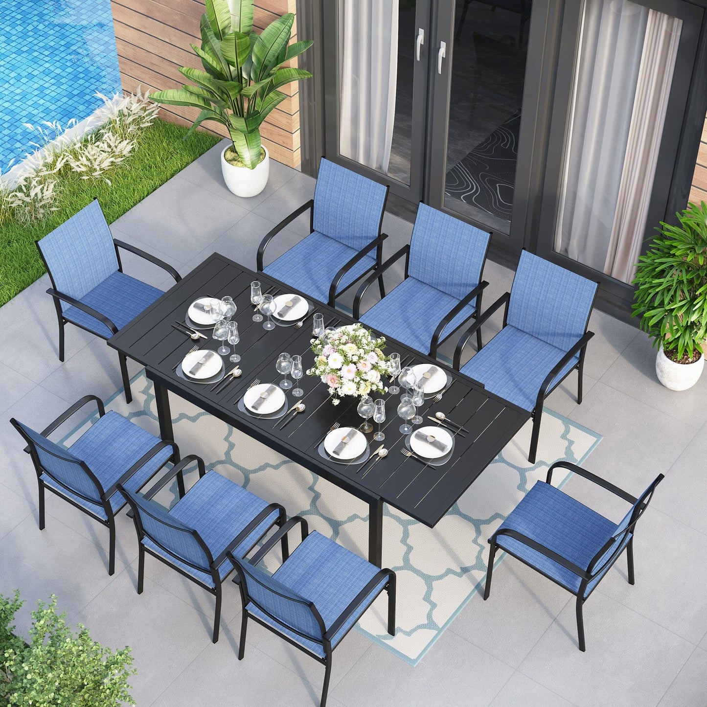 Ensemble de salle à manger de patio MAISON ARTS 7/9 pièces avec table rectangulaire extensible en métal et 6/8 chaises en textilène