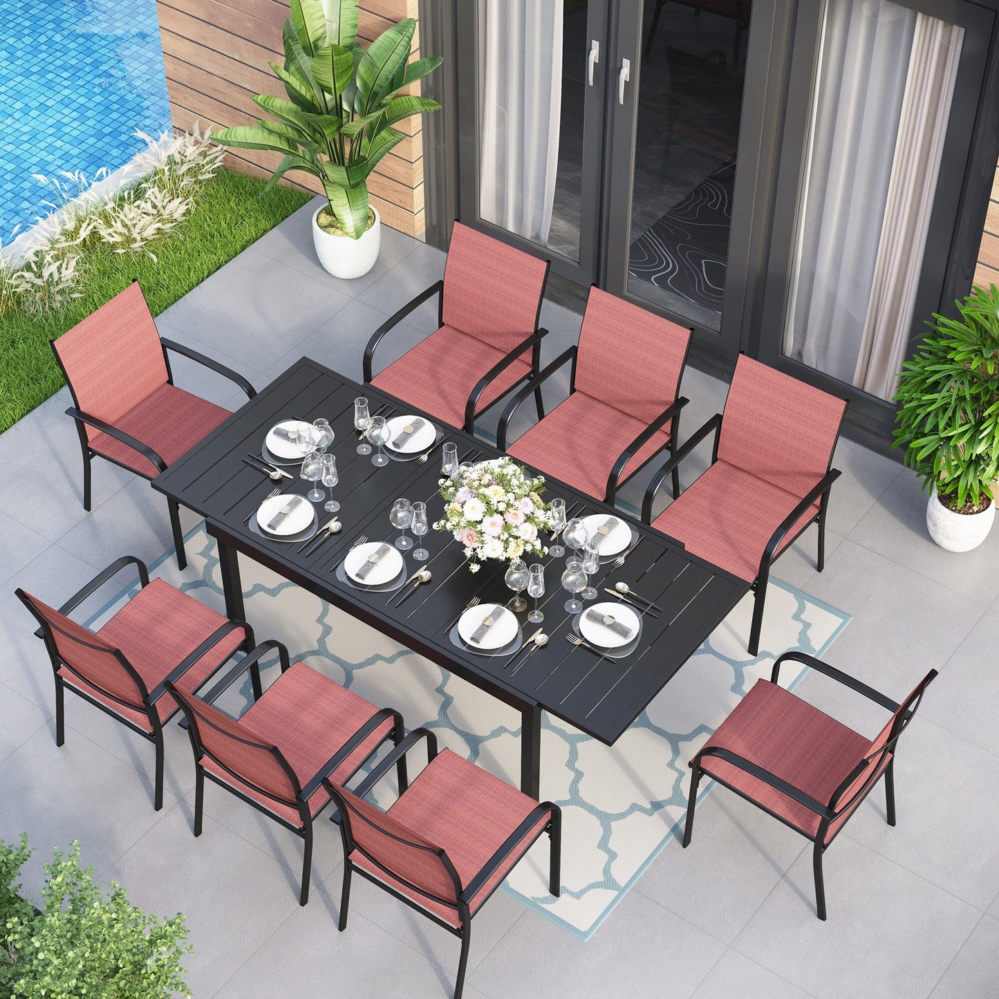 Ensemble de salle à manger de patio MAISON ARTS 7/9 pièces avec table rectangulaire extensible en métal et 6/8 chaises en textilène