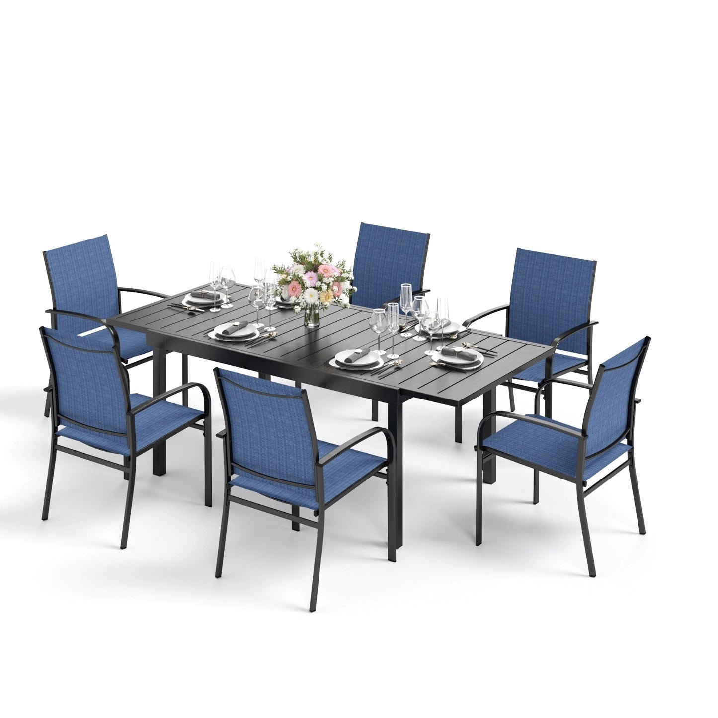 Ensemble de salle à manger de patio MAISON ARTS 7/9 pièces avec table rectangulaire extensible en métal et 6/8 chaises en textilène