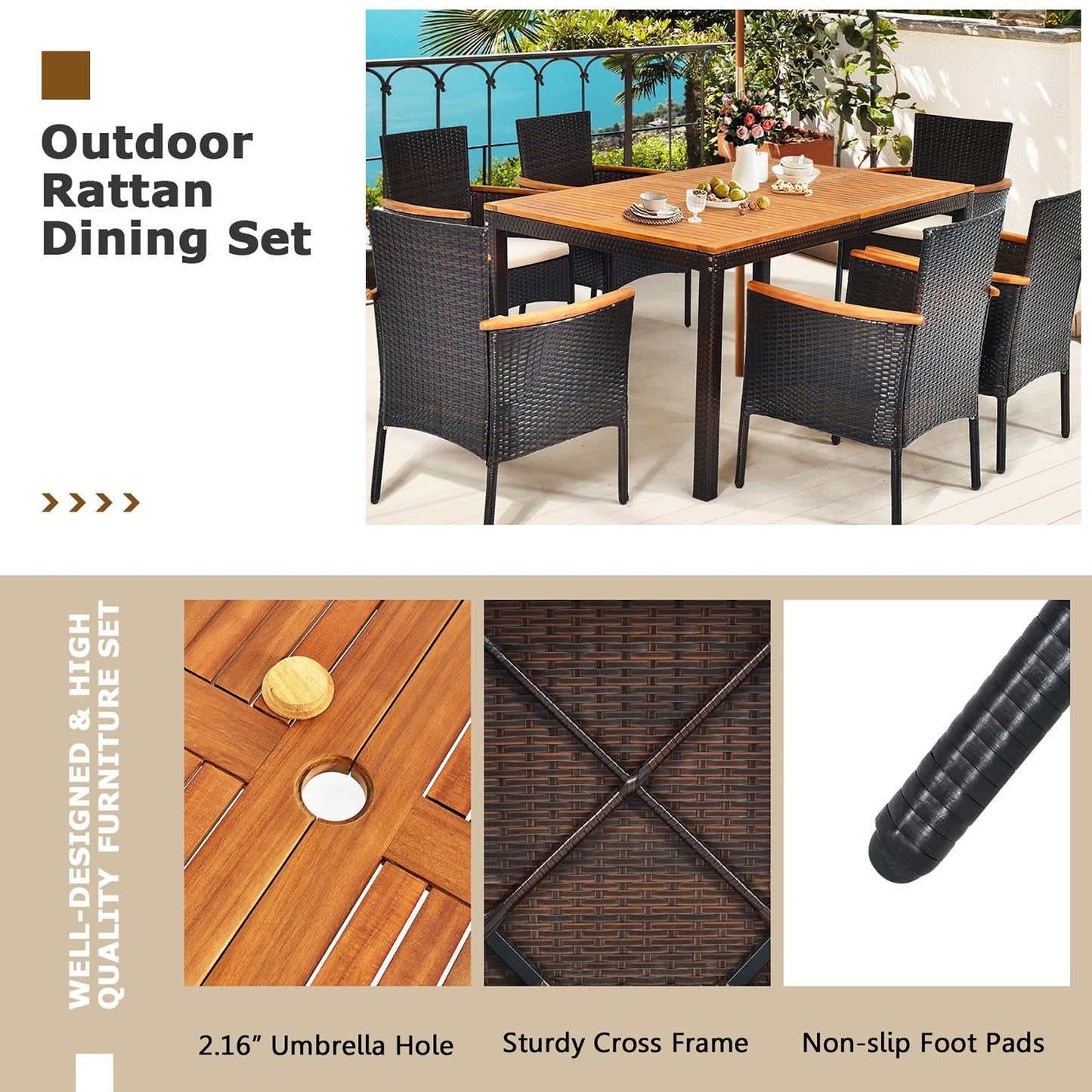 Ensemble de salle à manger de patio 7 pièces en rotin avec trou pour parasol