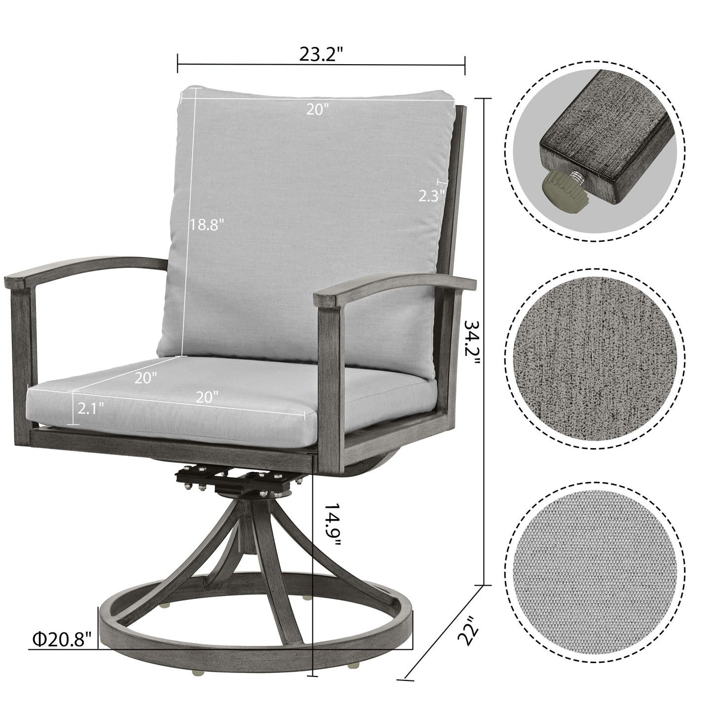 Ensemble de salle à manger de patio en aluminium 7 pièces avec 2 chaises pivotantes et 4 chaises de salle à manger et coussins lavables