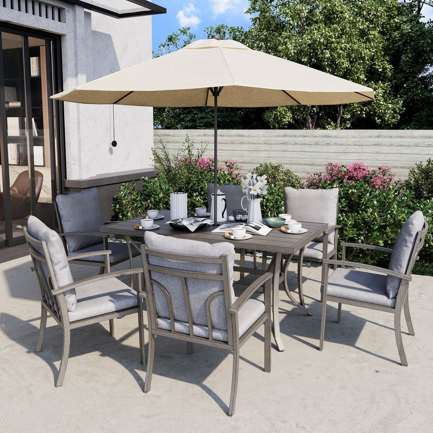 Ensemble de salle à manger de patio en aluminium 7 pièces avec table et coussins lavables gris clair