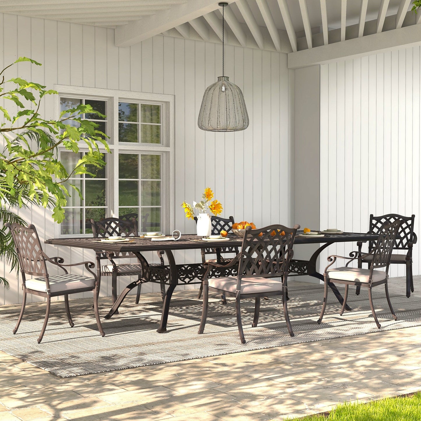 Ensemble de salle à manger d'extérieur 7 pièces en fonte d'aluminium bronze antique avec coussins et trou pour parasol