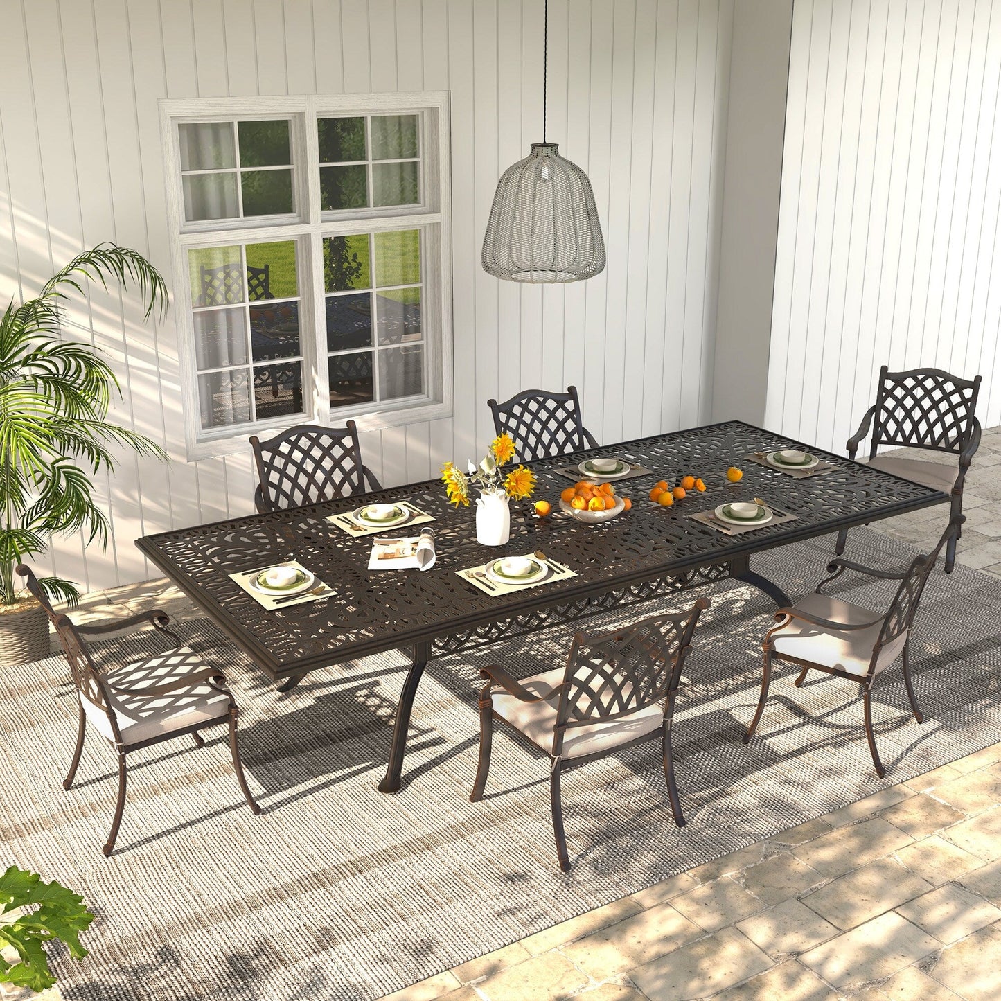 Ensemble de salle à manger d'extérieur 7 pièces en fonte d'aluminium bronze antique avec coussins et trou pour parasol