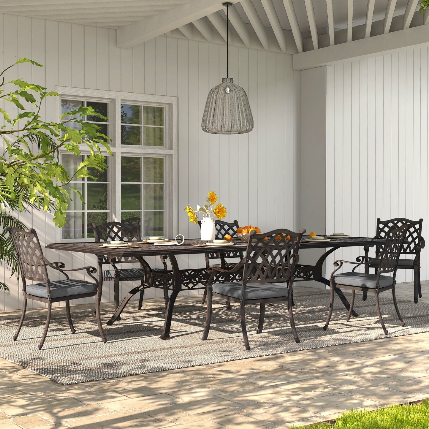 Ensemble de salle à manger d'extérieur 7 pièces en fonte d'aluminium bronze antique avec coussins et trou pour parasol