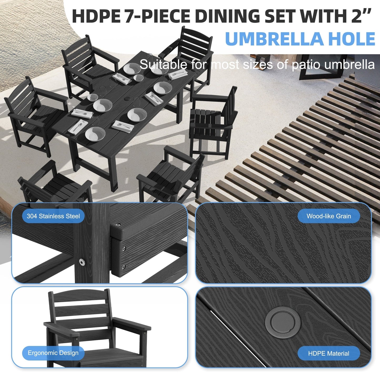 Ensemble de 7 tables à manger d'extérieur en PEHD avec trou pour parasol - 1 table et 6 chaises