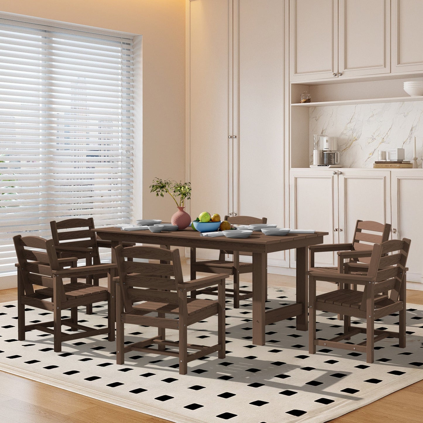 Ensemble de 7 tables à manger d'extérieur en PEHD avec trou pour parasol - 1 table et 6 chaises