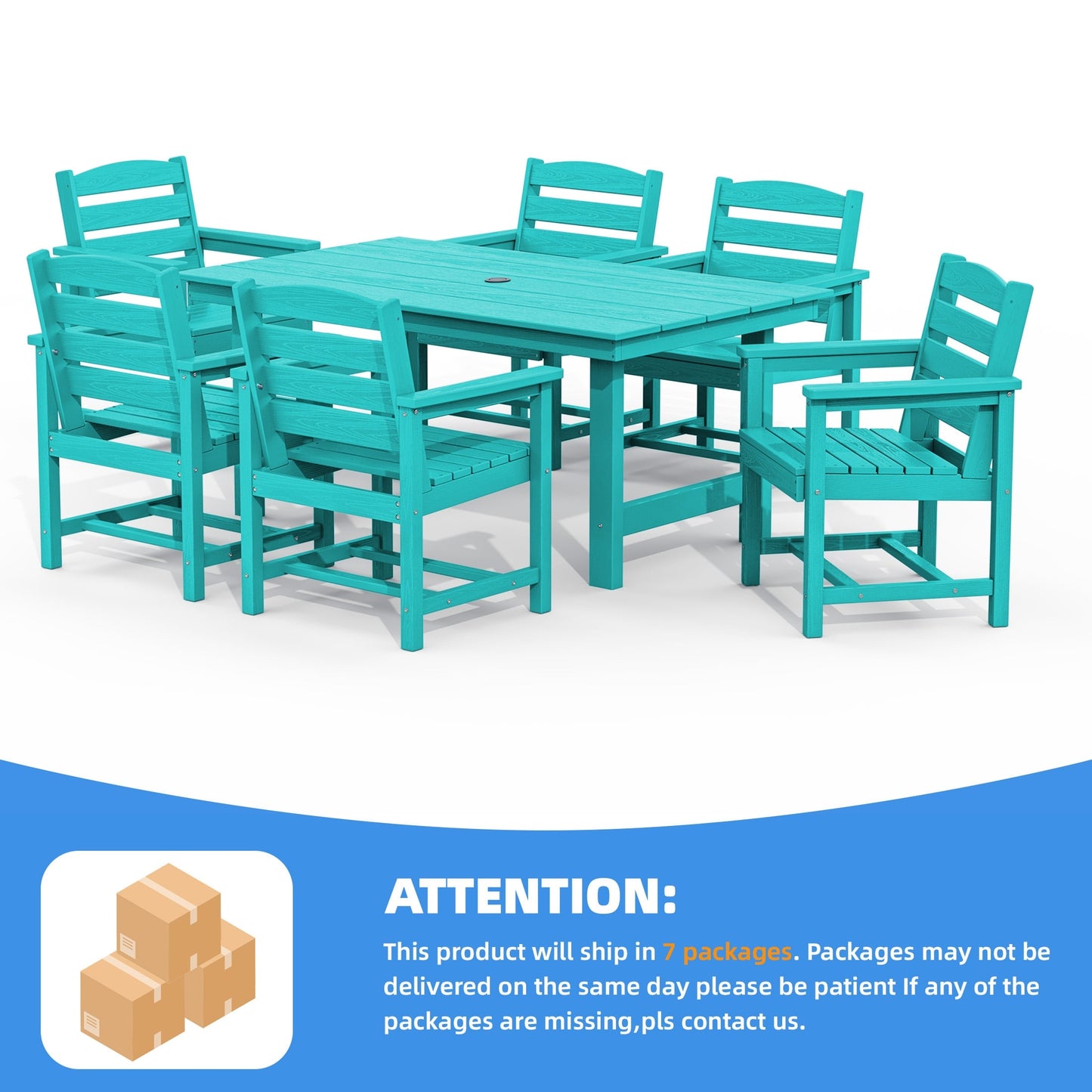 Ensemble de 7 tables à manger d'extérieur en PEHD avec trou pour parasol - 1 table et 6 chaises