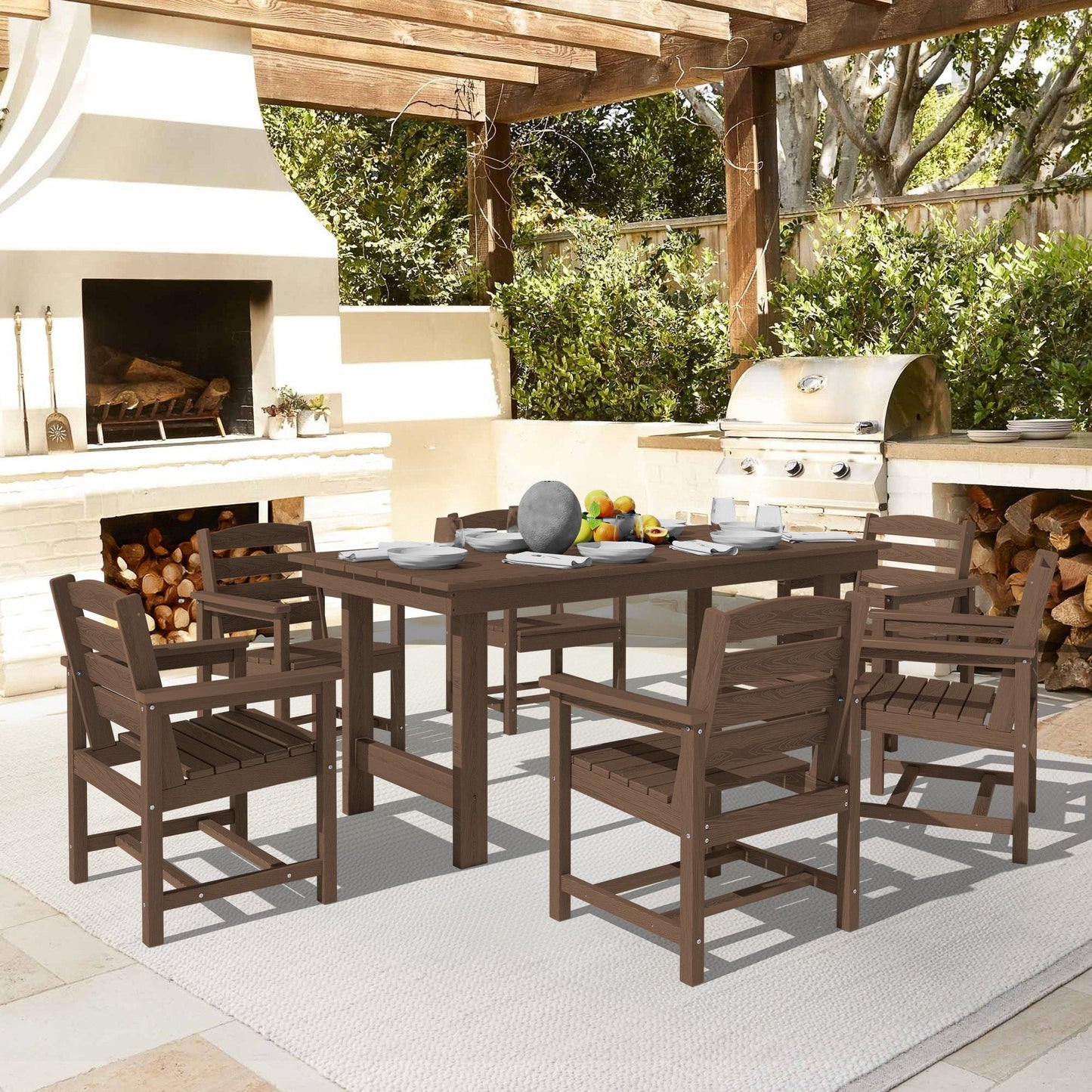 Ensemble de 7 tables à manger d'extérieur en PEHD avec trou pour parasol - 1 table et 6 chaises