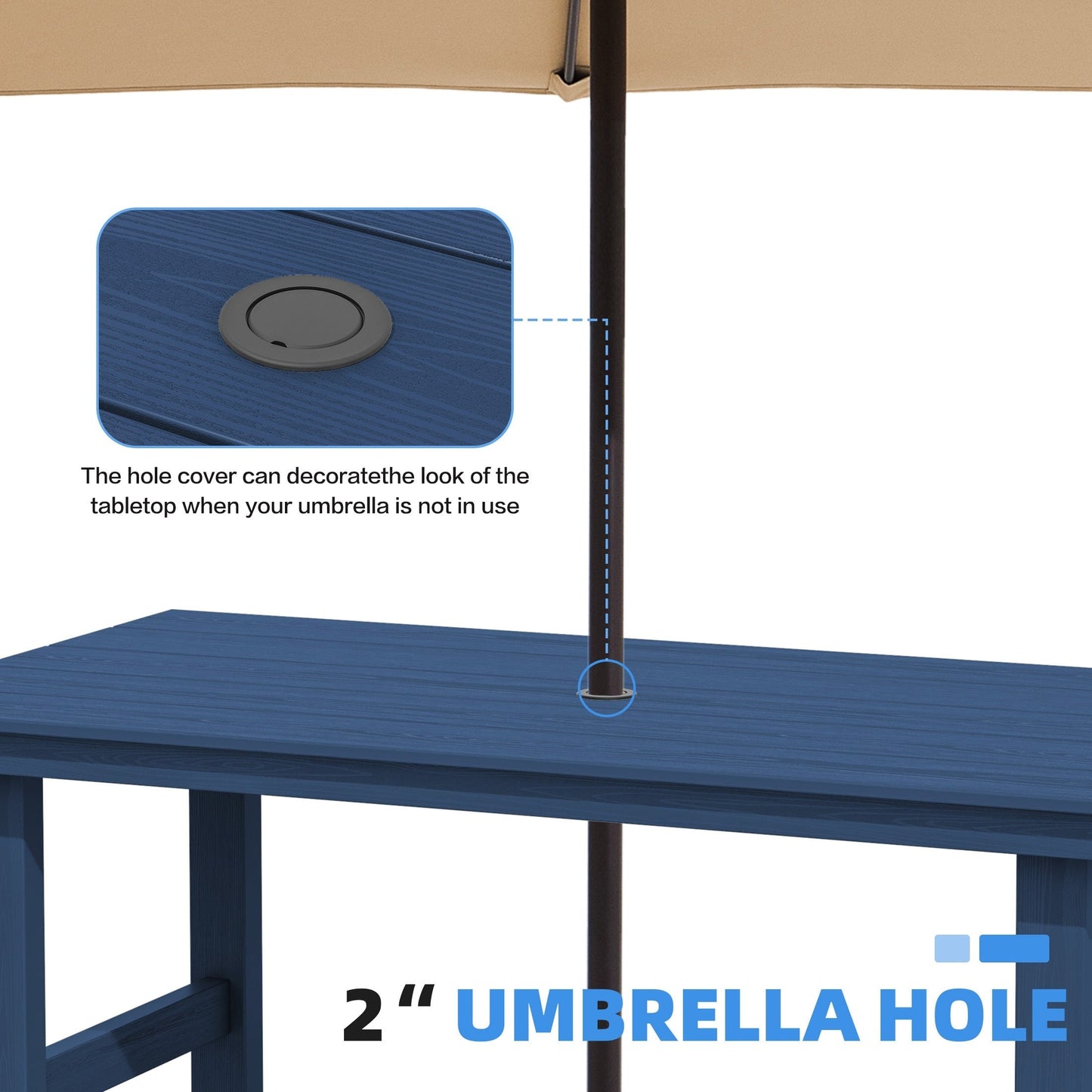 Ensemble de 7 tables à manger d'extérieur en PEHD avec trou pour parasol - 1 table et 6 chaises