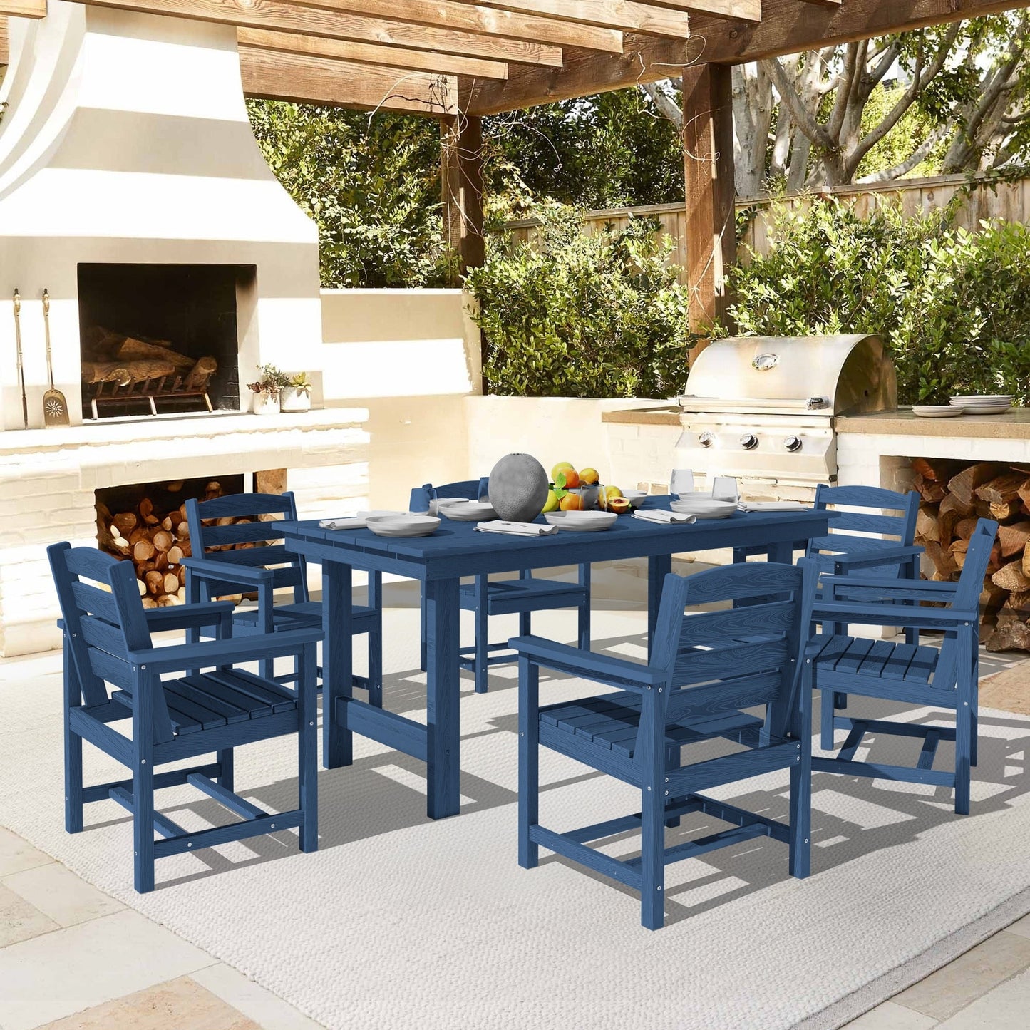 Ensemble de 7 tables à manger d'extérieur en PEHD avec trou pour parasol - 1 table et 6 chaises