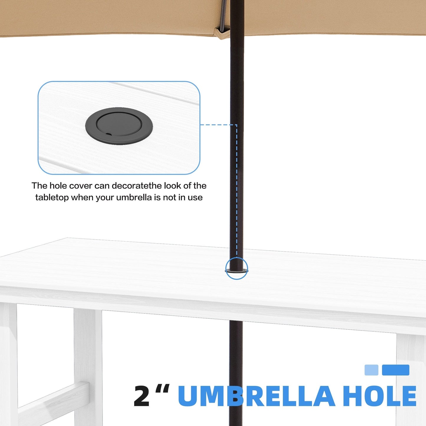 Ensemble de 7 tables à manger d'extérieur en PEHD avec trou pour parasol - 1 table et 6 chaises