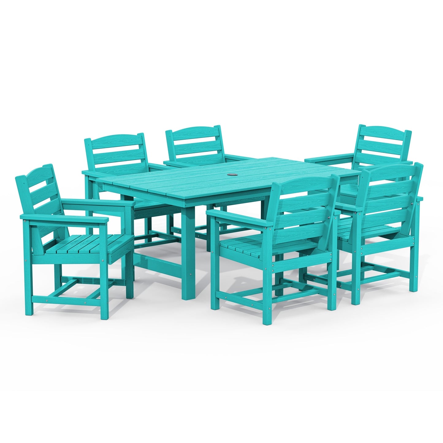 Ensemble de 7 tables à manger d'extérieur en PEHD avec trou pour parasol - 1 table et 6 chaises