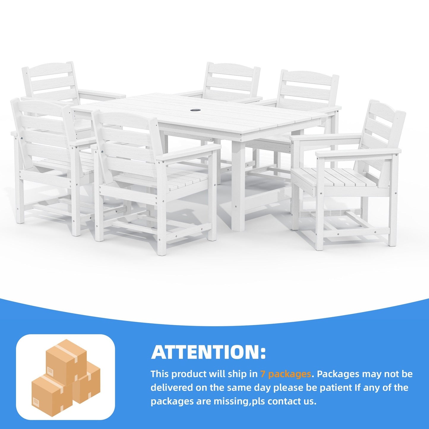 Ensemble de 7 tables à manger d'extérieur en PEHD avec trou pour parasol - 1 table et 6 chaises