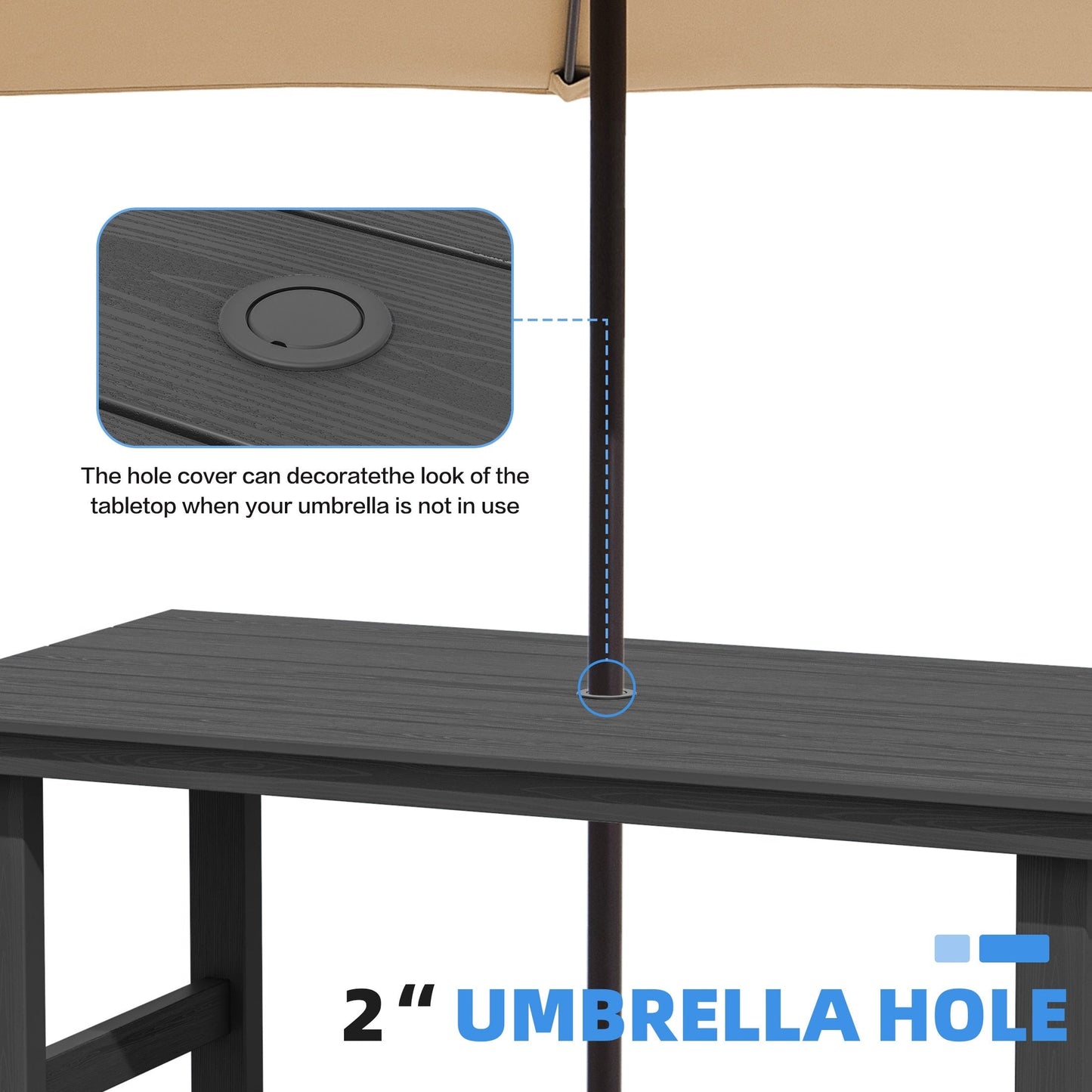 Ensemble de 7 tables à manger d'extérieur en PEHD avec trou pour parasol - 1 table et 6 chaises
