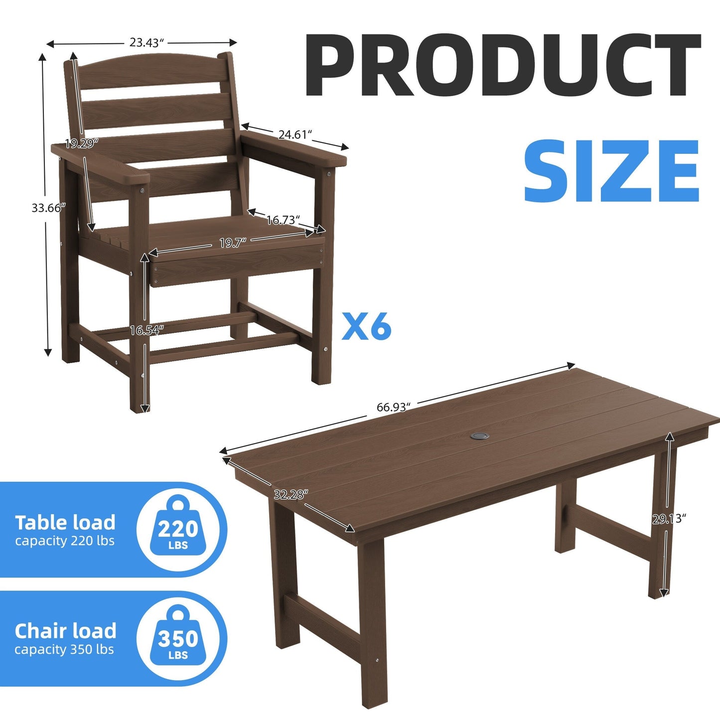 Ensemble de 7 tables à manger d'extérieur en PEHD avec trou pour parasol - 1 table et 6 chaises